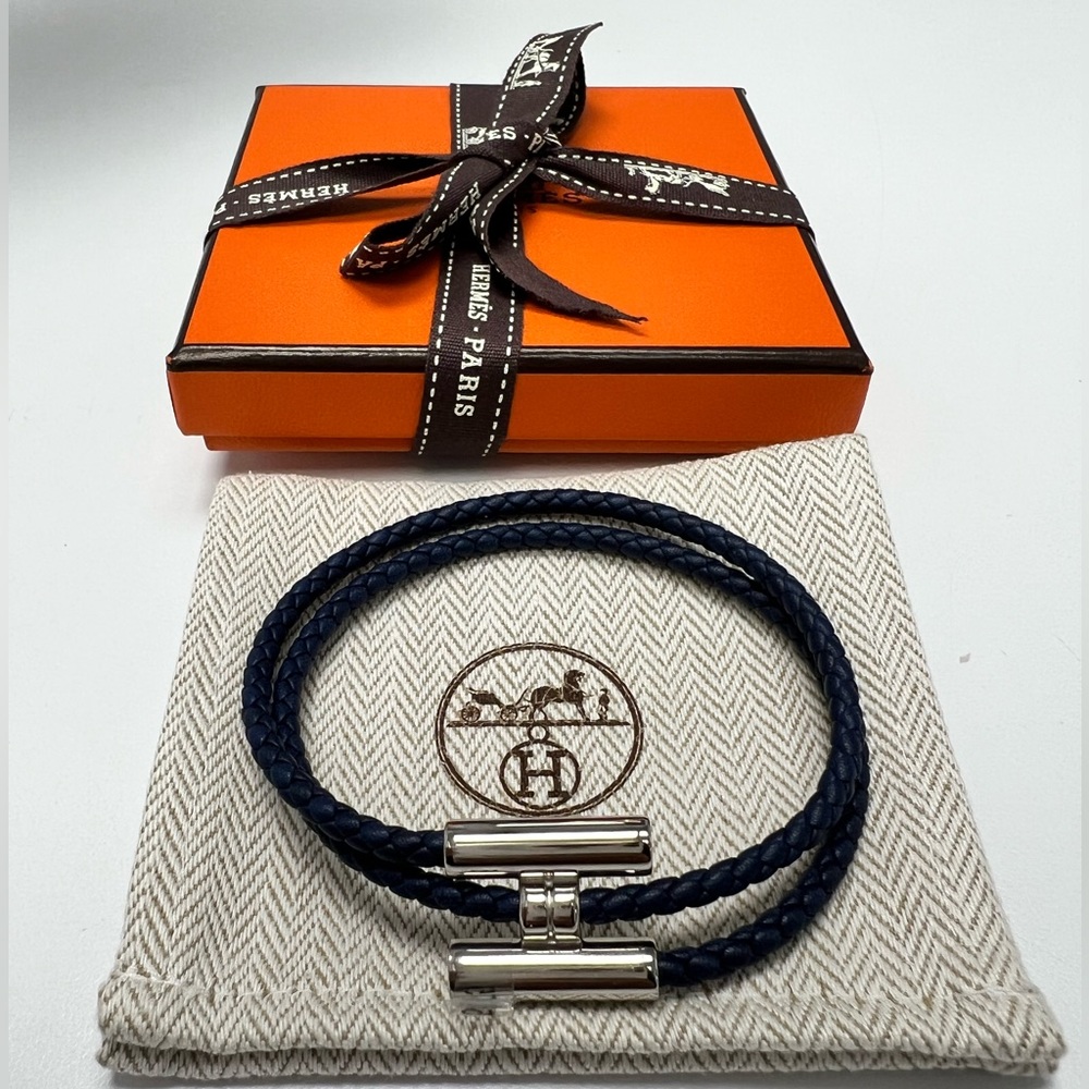 NEW Hermes Tournis Tresse Bracelet, Navy, Size T5, Palladium-Plated Hardware